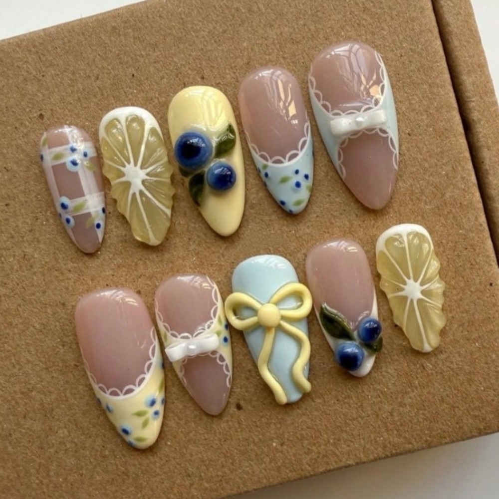 Resin Art Glue - 24pcs Fresh Lemon Blueberry Wearing Nail,
